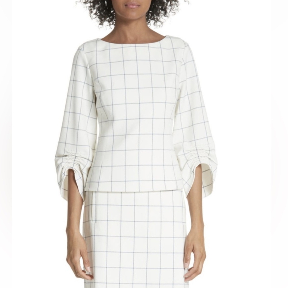 Tibi | Windowpane Plaid Ruched Cuff Top Size 0 White Blue Back Zip